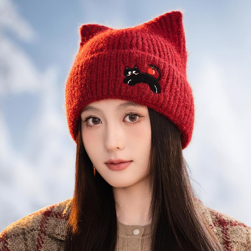 Autumn and Winter Hat Women's Wool Knitted Hat Cute Cat Ear Warm Cold Hat