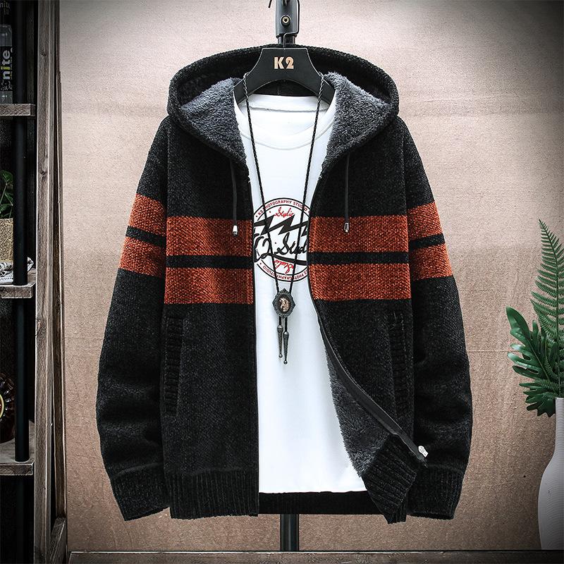2026 New Men's Hooded Striped Knitted Jacket Fleece Thickened Chenier Cardigan Casual Warm Sweater