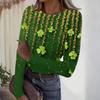 Women's Casual Fashion Round Neck St. Patrick's Day Print Long Sleeve Ribbed Top