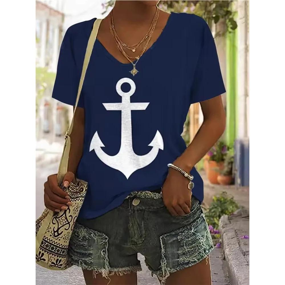 Stripe Printed T-shirt Fashionable Loose Short Sleeved Round Neck Versatile Comfortable Women's V-neck T-shirt