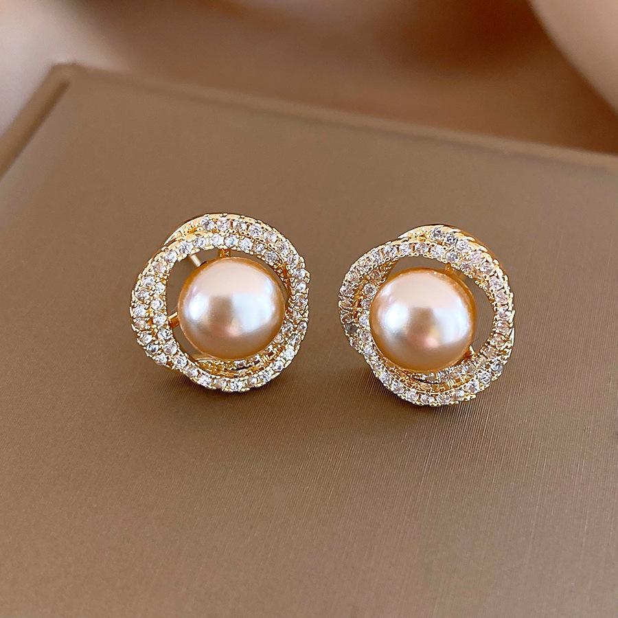 14k real gold electroplated retro zircon spiral pearl earrings light luxury stud earrings exquisite earrings