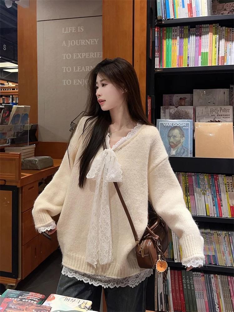 Korean Lace Bow V-Neck Long Sleeve Sweater - Autumn/Winter Design
