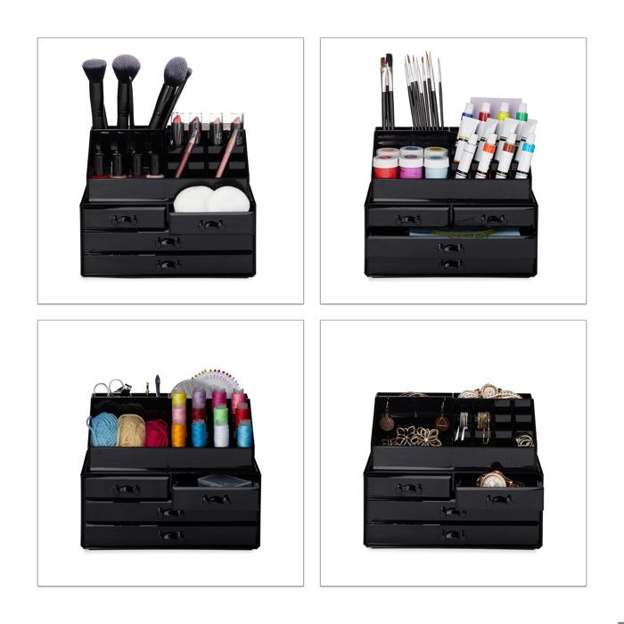 Relaxdays Organisateur cosmétiques 2 parties boîte rangement maquillage Make up 12 porte-crayons, noir