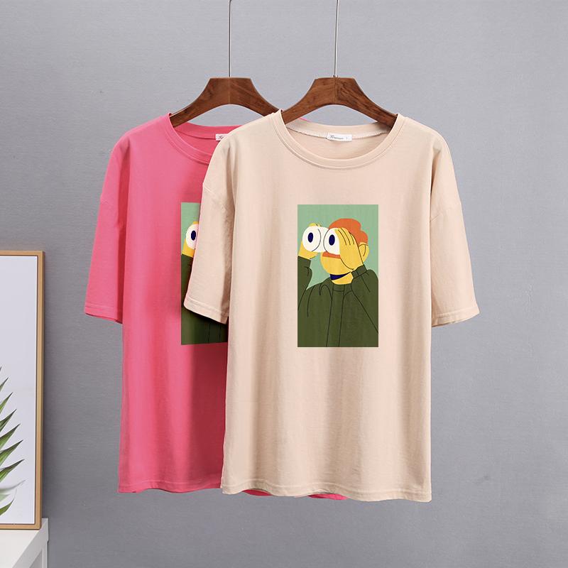 Hirsionsan Nya roliga tecknade T-shirts Kvinnor Kawaii Casual Oversized Tees Par Mjuk bomull O-hals Kvinnliga Grafiska Toppar