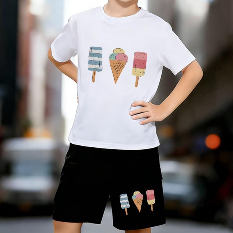 

Boys 2 Piece Cartoon ice cream printed Outfit, Short Sleeve T-Shirt and Shorts Set for Kids Age 5-14,Black Sporty Casual Summer Clothes 13-14 Years білий