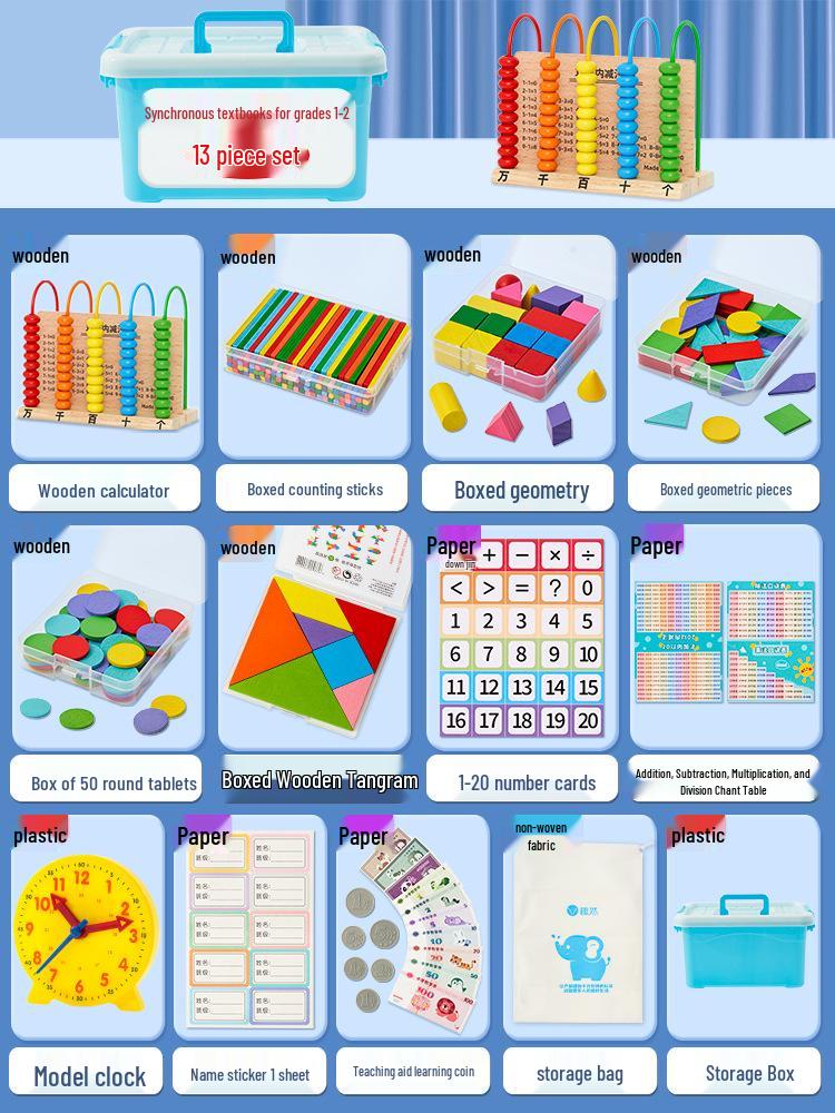 First Grade Math Teaching Aid Set with 3D Geometric Figures and Arithmetic Tools