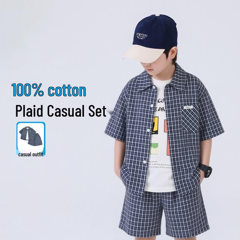 YOYOFAIRY Boys Summer Plaid Short-Sleeved Two-Piece Set 150