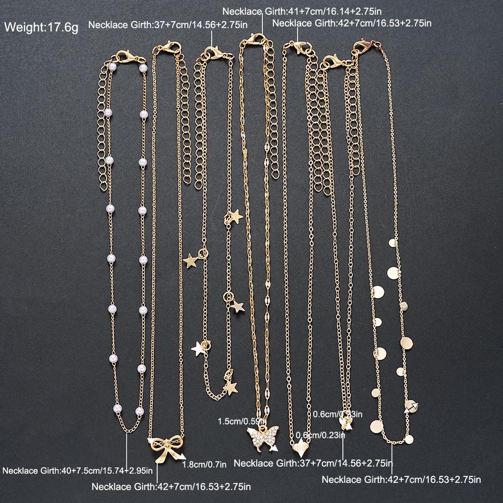 7Pcs Gold Color Multilayer Pearl Butterfly Necklace For Women Trendy Star Love Heart Bowknot Zircon Pendant Necklace Jewelry Set