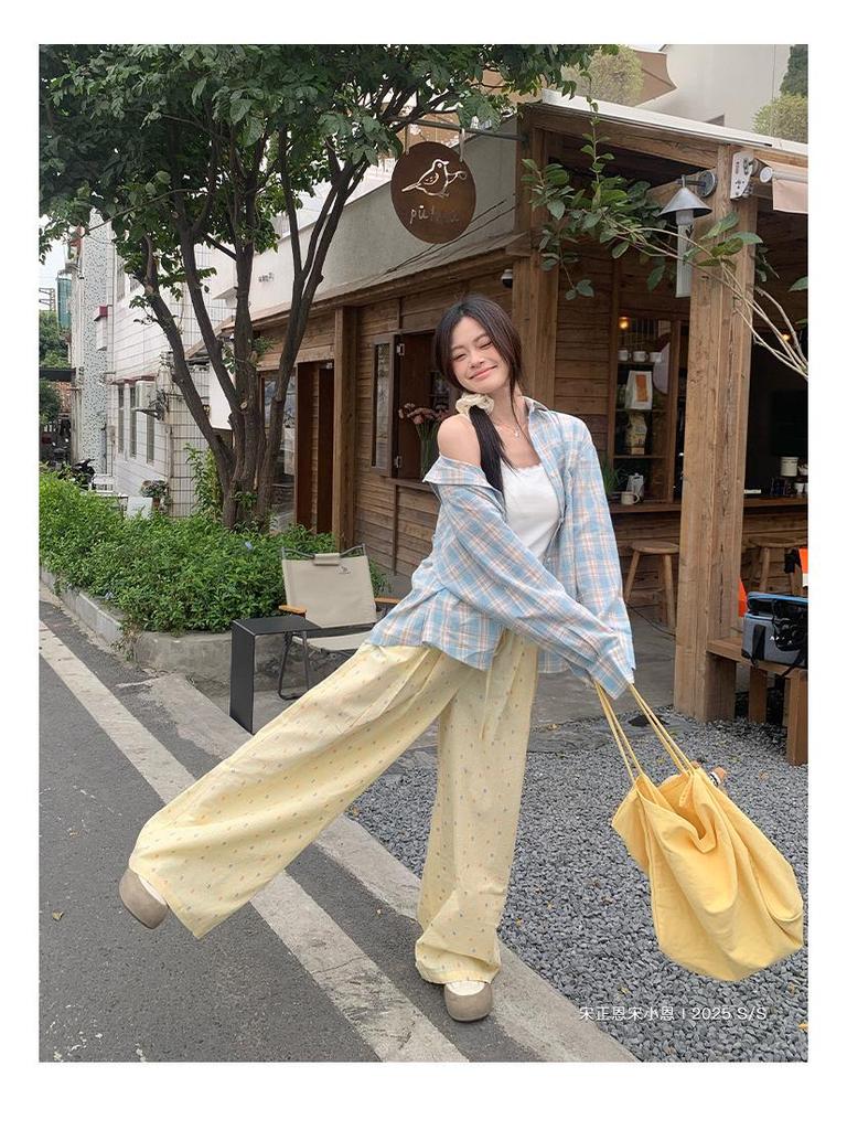 2025 Women's Yellow Jacquard Straight-Leg High-Waisted Slimming Summer Pants