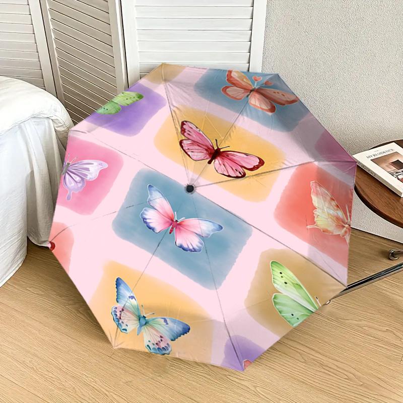 Colorful Butterfly Print Automatic Opening/Closing Umbrella with Foldable Design, Iron Frame Outdoor Rain Gear for Festivals, Travelers, Dai