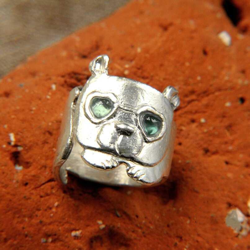 Yin Taifei Tourmaline Glasses Bear Retro Silver Monster Ring Adjustable