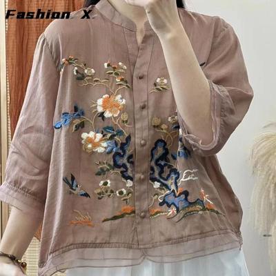 Camicia da donna estiva in stile cinese con ricamo, bottoni con cucitura, manica in cinque minuti