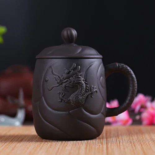 Chinese Yixing Purple Clay Teacups with Handle Filter Teacup Handmade Dragon Pattern Master Cup Household Teaware Supplies 12.5x13.5cm 380ml