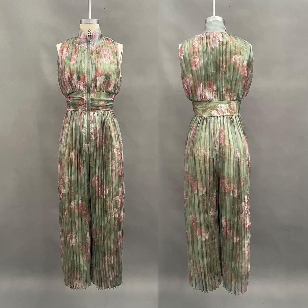 Women's Sleeveless High Waist Wide Leg Jumpsuit Pleated Detail Solid Jumpsuit