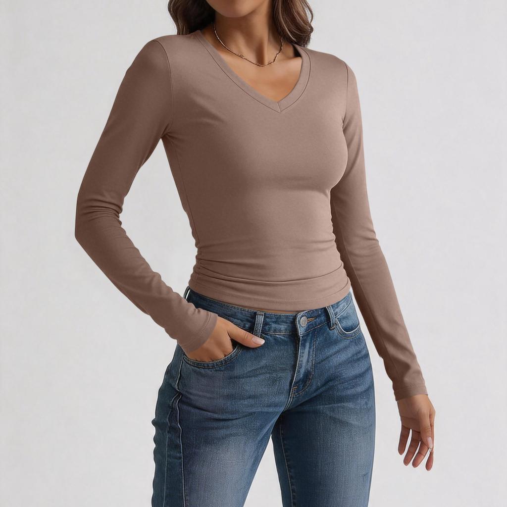 Women's Slim Fit V Neck Long Sleeve T Shirt Stretchy Milk Silk Fabric Soft Texture Basic Layering Top