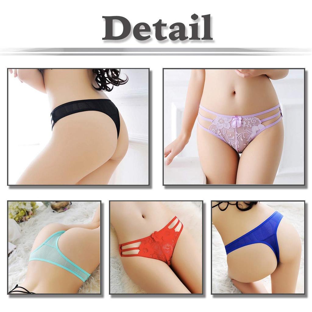 WHITE FANG Lace Ribbon Sexy TT61 Women's See-Through T-Back Panties, Lingerie, (07 Black)