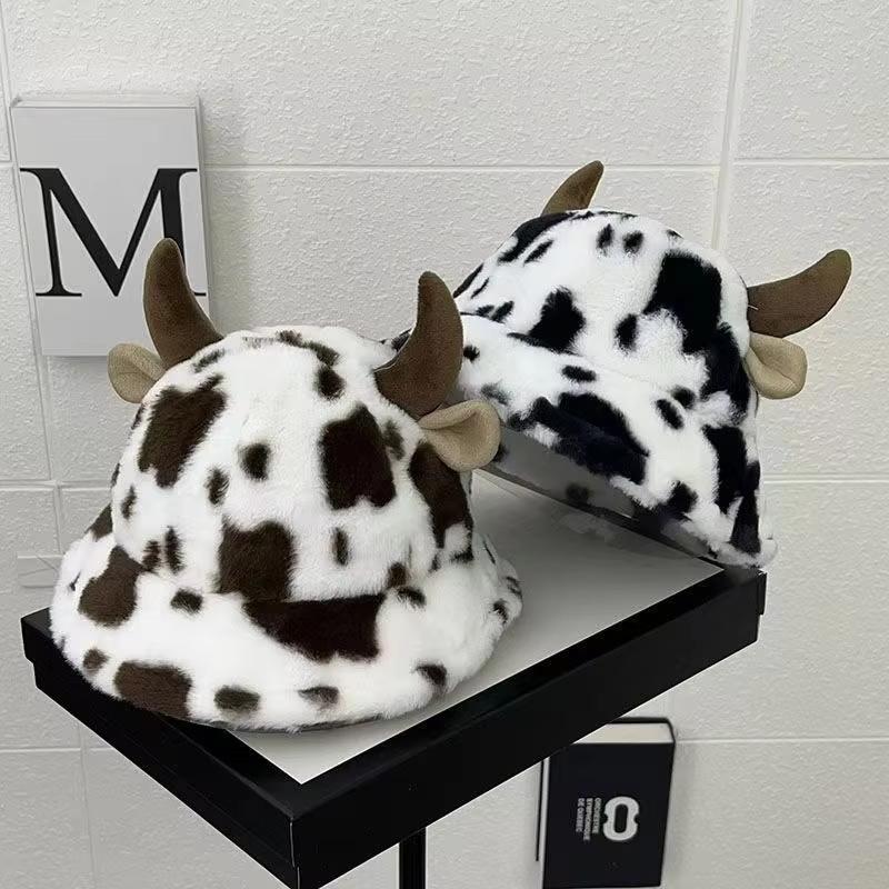 Autumn and winter new cow print horn fisherman hat female print Korean fashion plush thickened warm basin hat