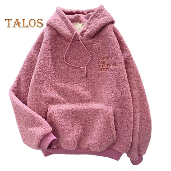 Осень-зима Женская толстовка с капюшоном на эластичных манжетах из плотного флиса с накладными карманами свободный свитер с длинными рукавами теплый топ с вышитыми буквами M розовый 1535₽