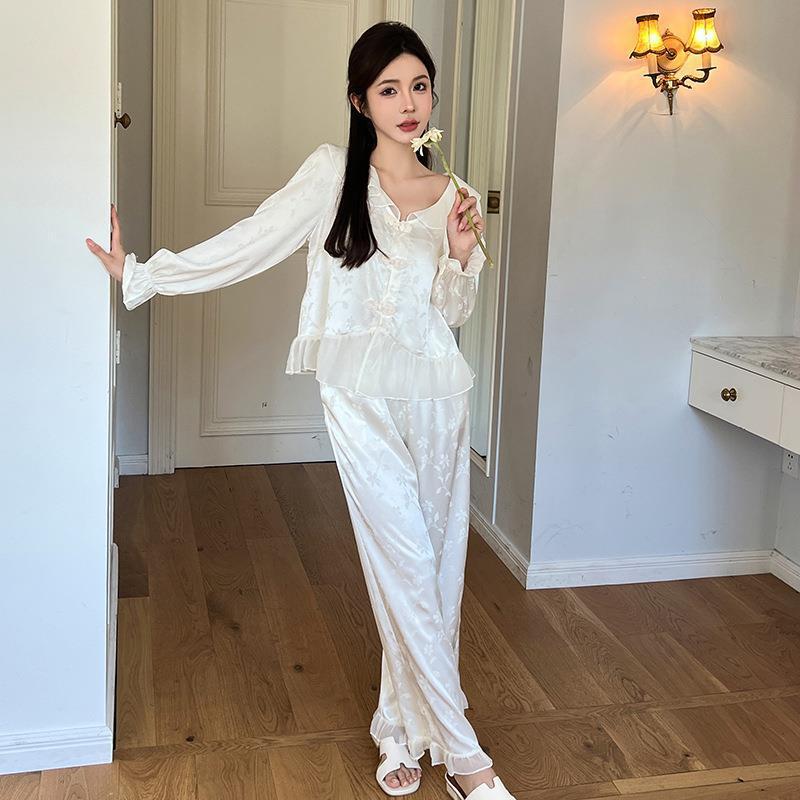 New pajamas women's spring and summer ice silk long-sleeved two-piece set sweet Chinese style high-end loungewear set