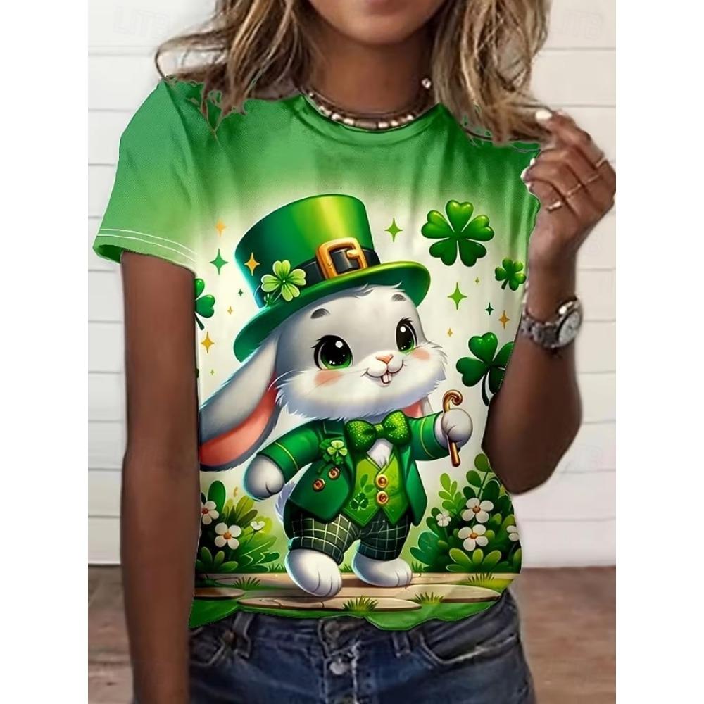 Women's T-shirt Green Lucky Clover 3D Print Crew Neck Outdoor Festival Short Sleeve T Shirts Women  ...