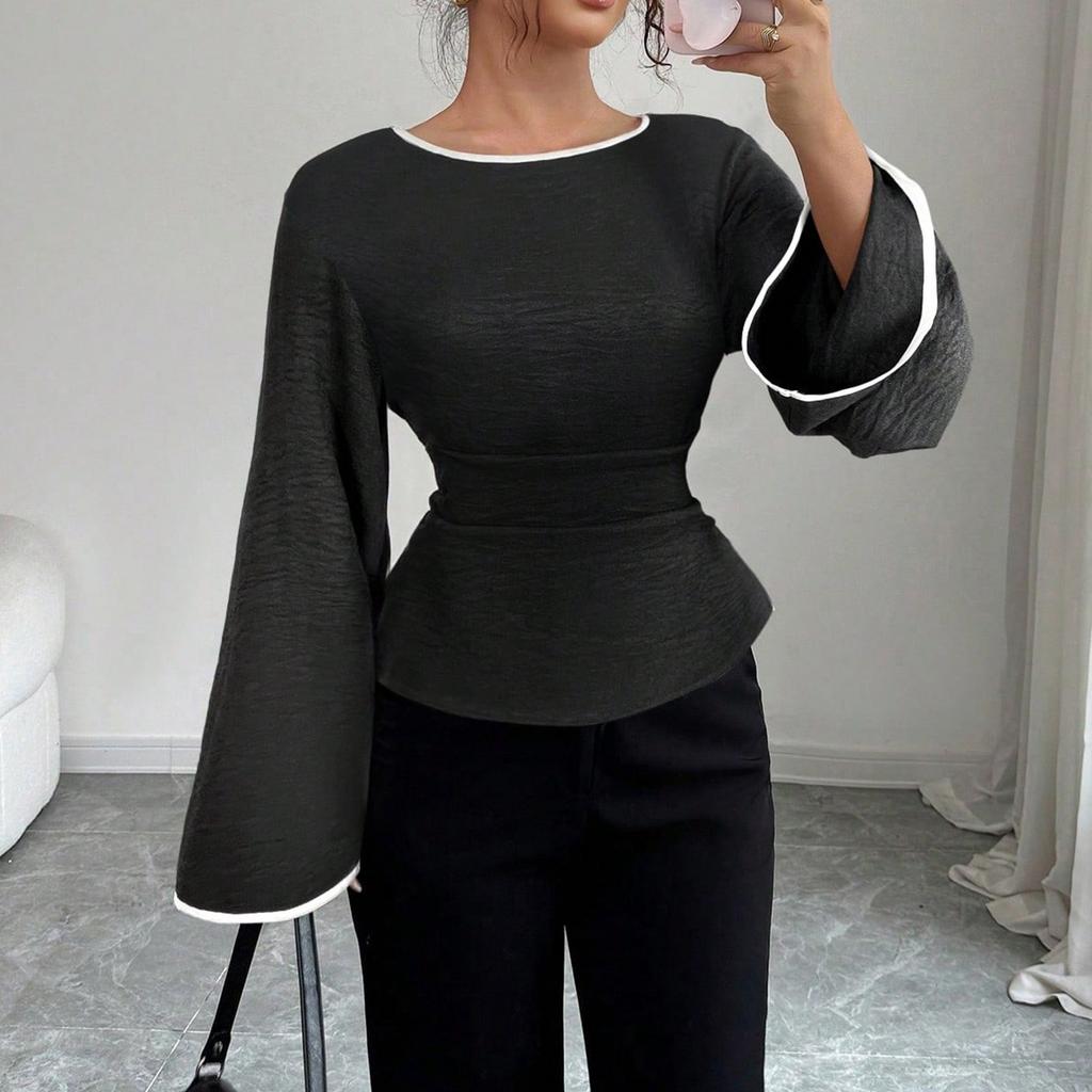 Women Long Sleeve Peplum Top Waist Cinched Flared Sleeve Crew Neck Casual Streetwear Blouse Fashion Basic Tunic Shirt