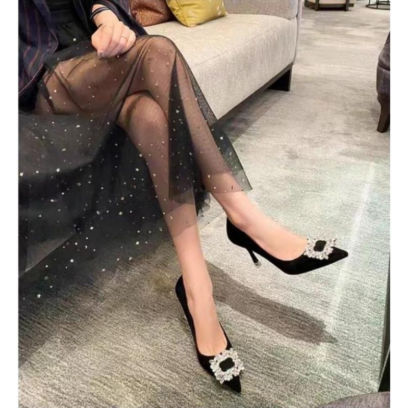 Fashion New Style Women Shoes Fashion Rhinestone Square Buckle Bridesmaid Wedding Shoe Solid Flock Pointed Toe Stiletto Pumps High Heels
