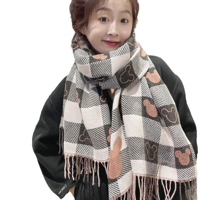 2024 Women's Mickey Plaid Cashmere-Feel Scarf: Fashionable, Versatile, Warm Two-Sided Shawl for Autumn/Winter