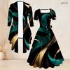 Women Plus Size Black Blue Printed Two Piece Set Square Neck Short Sleeve Tie Waist Flared Dress Long Sleeve Cardigan