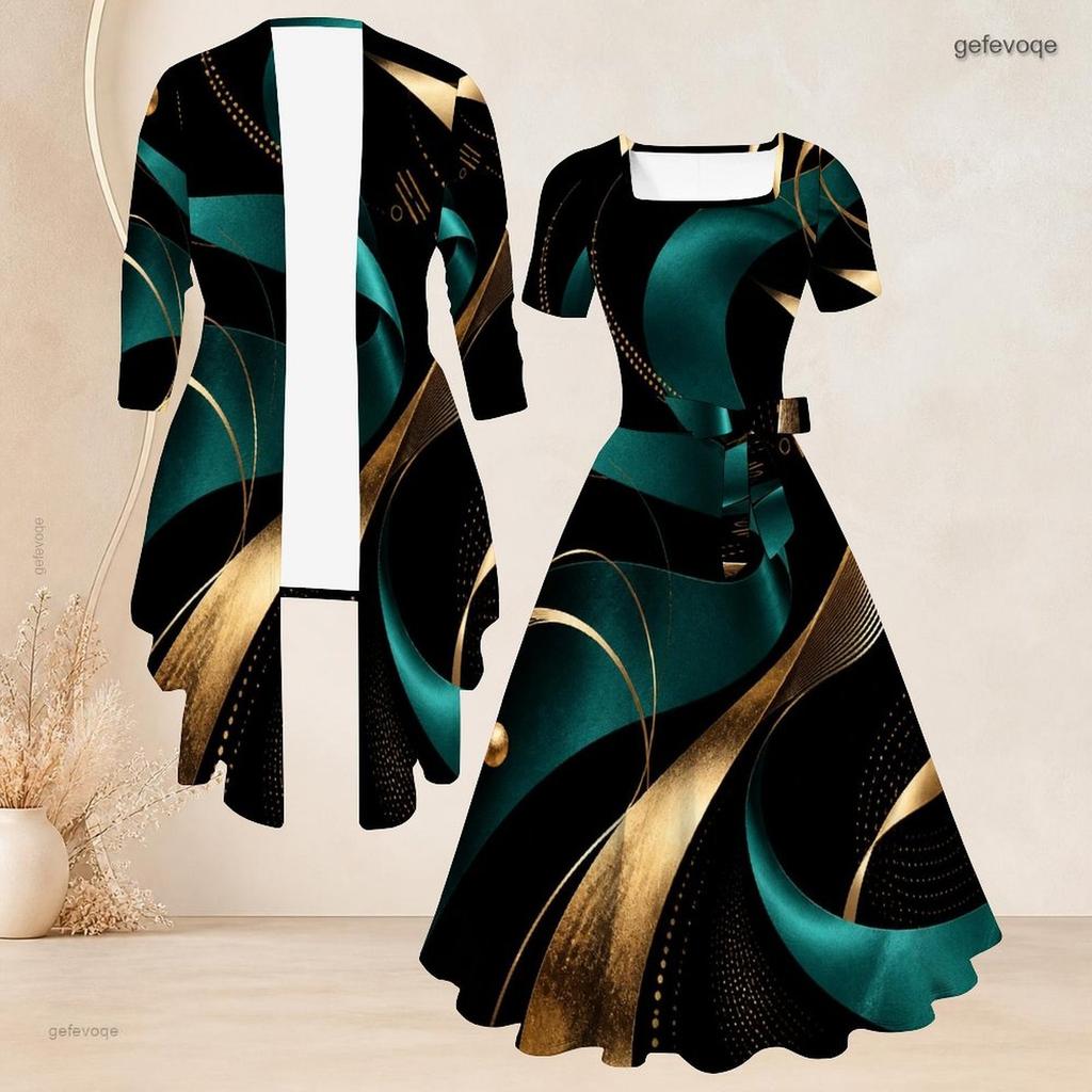 Women Plus Size Black Blue Printed Two Piece Set Square Neck Short Sleeve Tie Waist Flared Dress Long Sleeve Cardigan