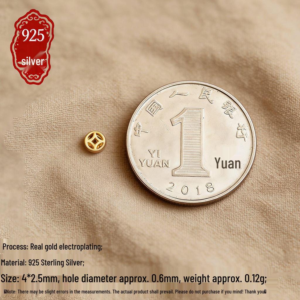 S925 Sterling Silver Hollow Coin Spacer Beads for DIY Bracelets and Necklaces - Gold Plated for Wealth and Luck.