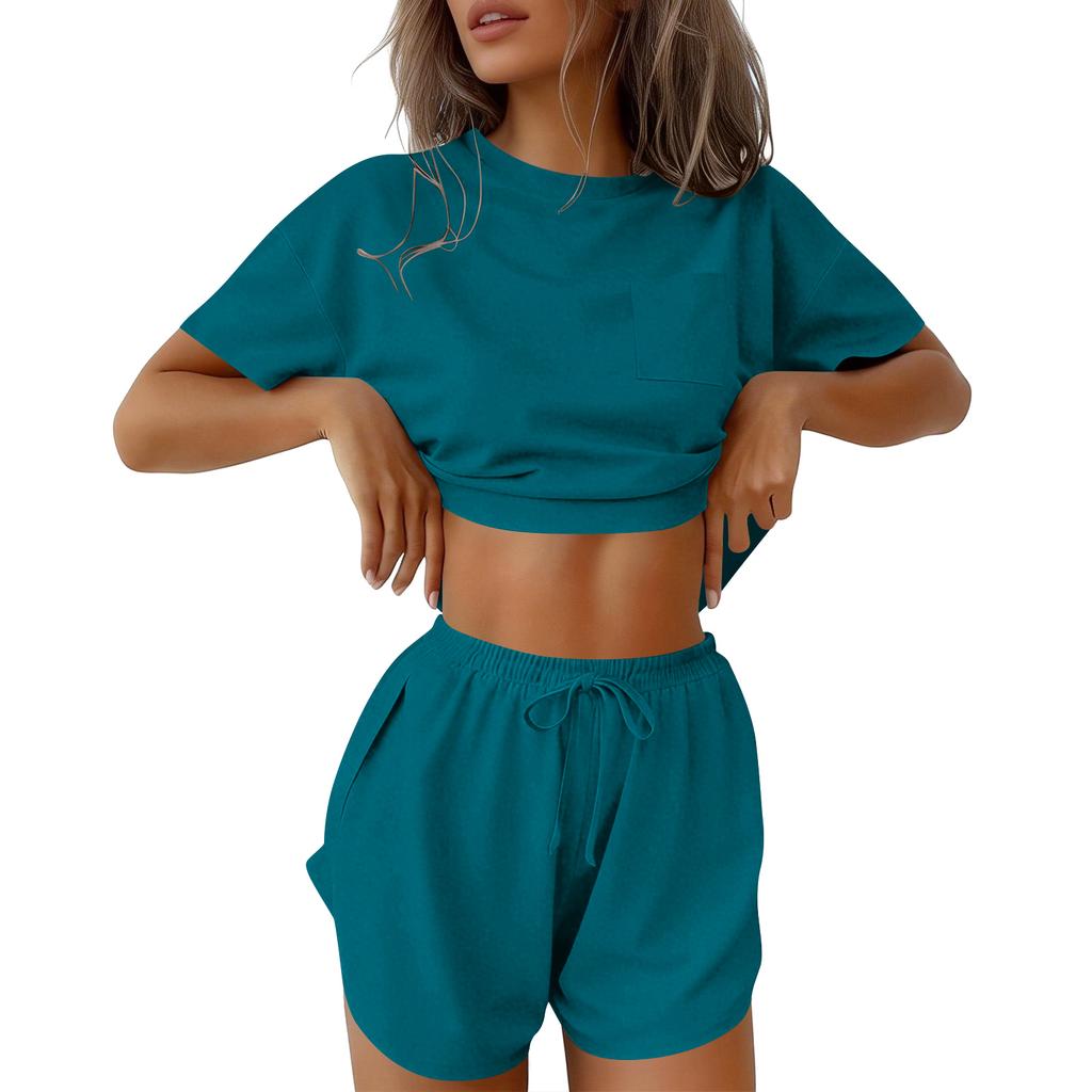 Women's Pajama Set Short Sleeve Striped Printed Two-piece Loungewear  Neck Pajamas Split Shorts Set Soft Sleepwear