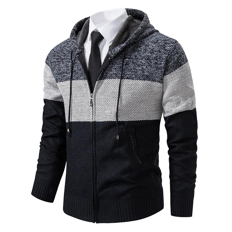 Spring Autumn Hooded Warm Sweater for Men with Thick and Velvet Men Knitted Sweatercoats Patchwork Jacket