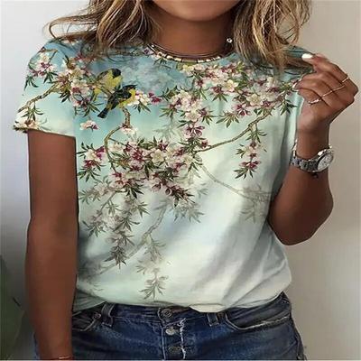 2024 sommer Neue frauen Kurzarm Top Pullover Mode Y2K Casual Bunte Blume 3D Rundhals T-shirt