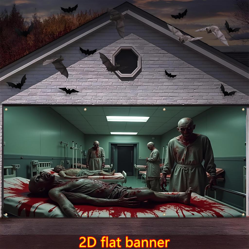 2D door banner 1 large horror hospital garage door banner - abandoned morgue scene with zombieszyc