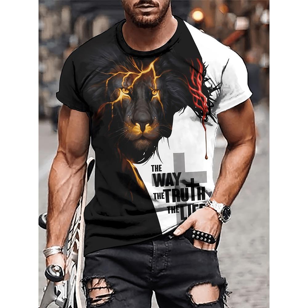 Summer urban fashion men's top outdoor sports street men's short sleeved daily casual men's T-shirt 3D lion print