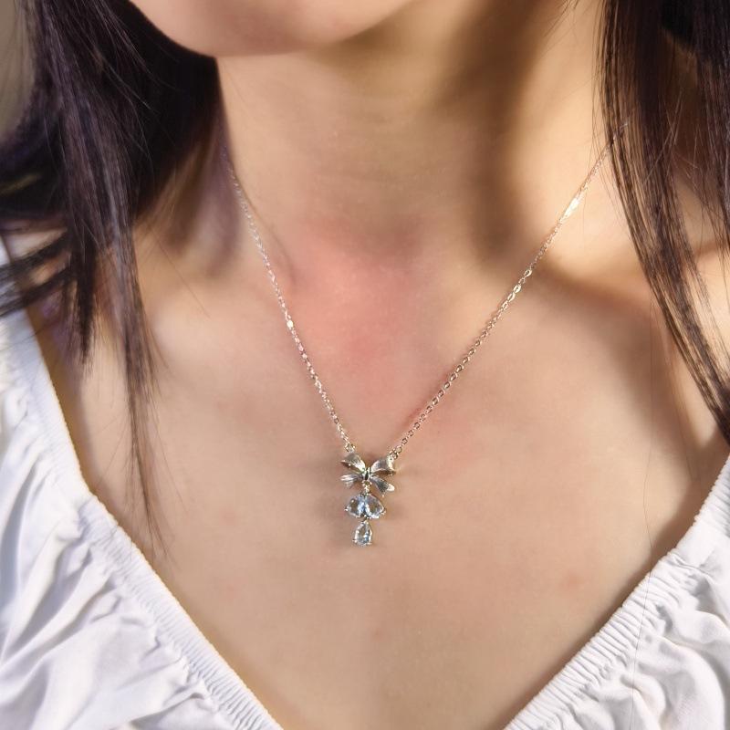 S925 Silver Brushed Bow Necklace Women's Light Luxury Tassel Natural Crystal Stone Pendant Premium Sense Clavicle Chain Gift