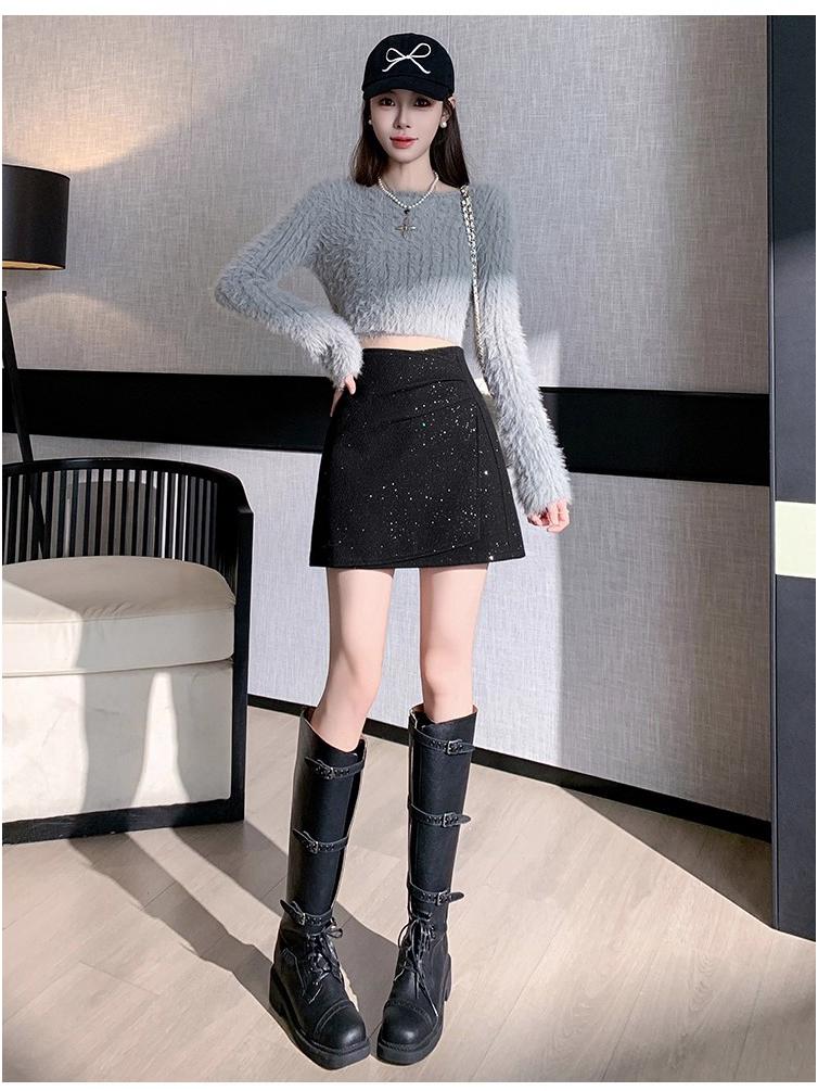 Gray Woolen Sequin Short Skirt - Women's Autumn/Winter 2025 French-Style High-End Design