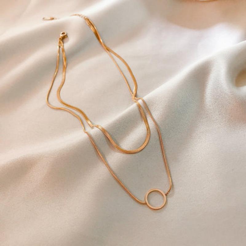 Gold Plated Stainless Steel Double Layer Herringbone Chain Necklace with Circle Pendant