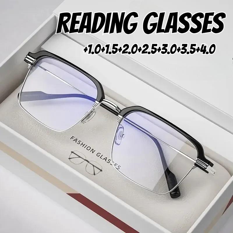 Men'S Business Reading Glasses Male Half Frame Hd Lens Far Sight Hyperopia Eyewear New Trend Unisex Presbyopia With Degrees+4.0