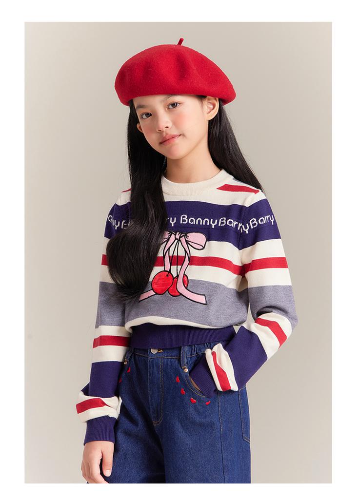 Girls' Cherry Knit Sweater with Retro Stripes