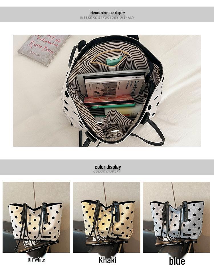 2026 Women's Korean Style Polka Dot Large Tote Bag – Versatile Commute Shoulder Handbag with Spacious Capacity