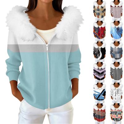 Women's Fashion Casual Sweater Zipper Print Cardigan Plush Hooded Jacket