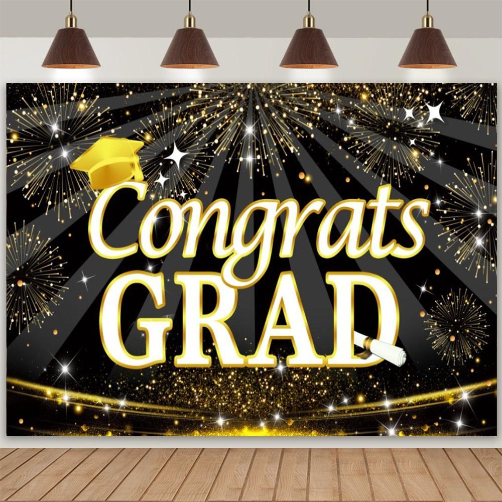 Abschlussfoto-Hintergrund, Glückwünsche, Abschlussfeier, Abschlusskappe mit gold-schwarzem Pailletten, Plakat mit personalisiertem Text, Banner