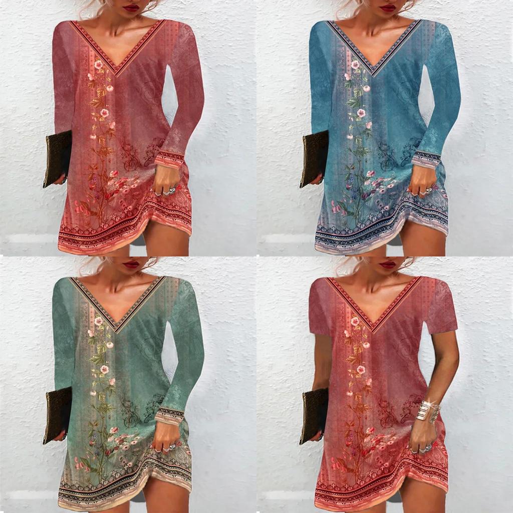 Ethnic Floral Print Lounge Dress With V Neck For Casual Summer Wear