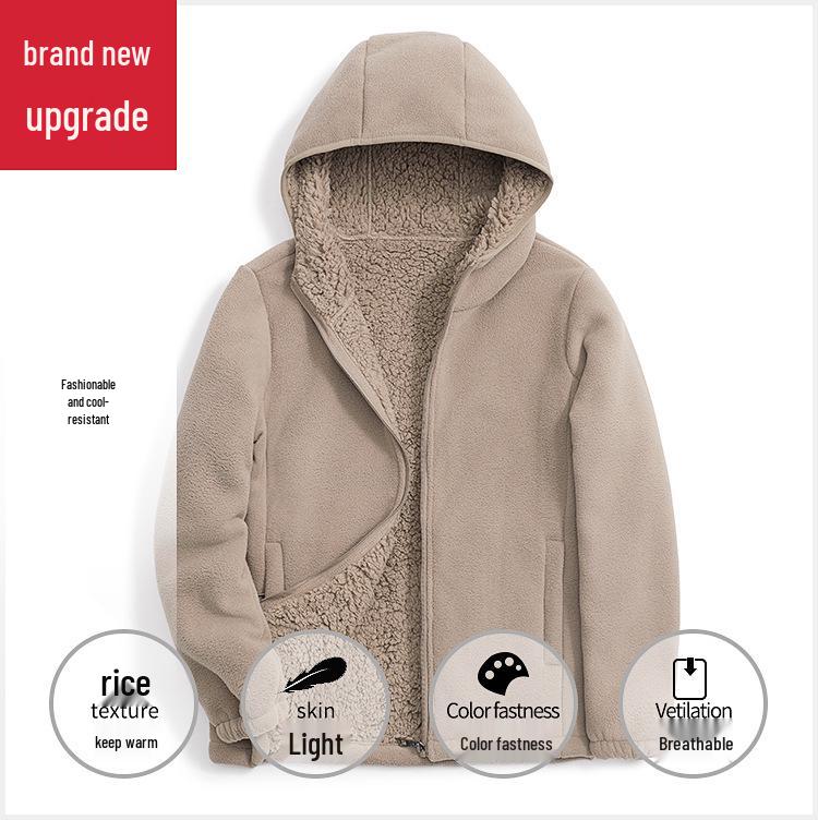 Women's Double-Sided Fleece Sherpa Hooded Windproof Velvet Jacket for Autumn and Winter