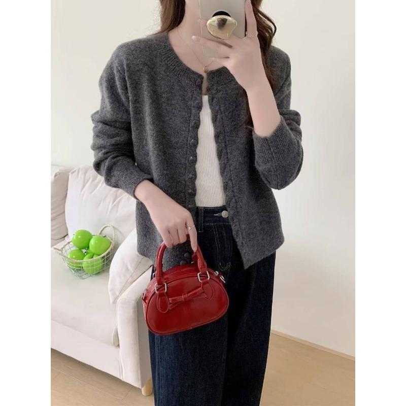 

Осень и зима новый однотонный вязаный кардиган тонкий простой универсальный свитер женственность омолаживающая куртка one size fits all темно-серого