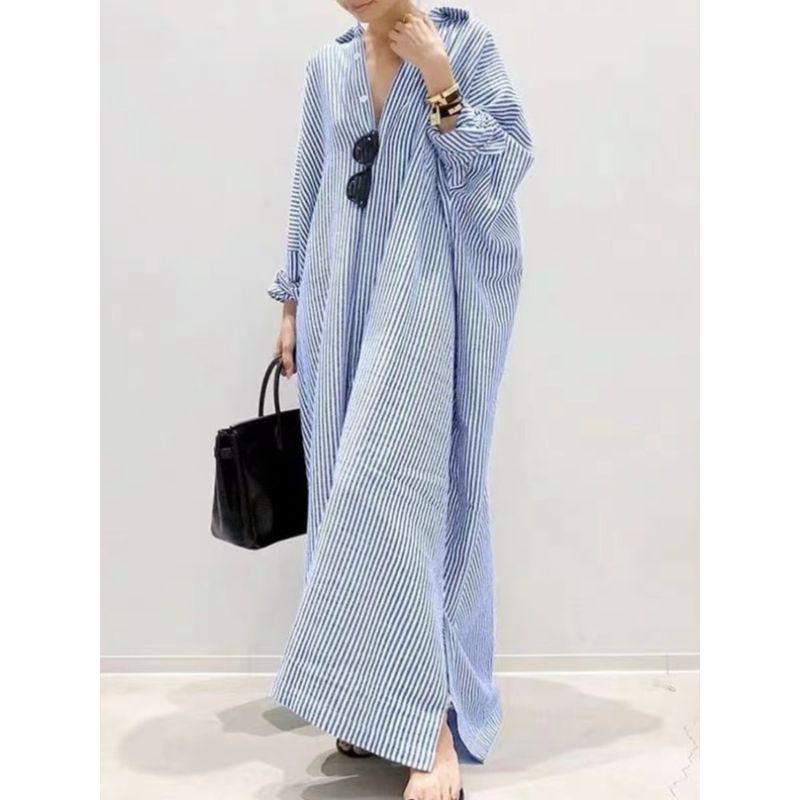 and South Korea Spring & Fall New Arrival Polo Collar Stripes Loose Hong Kong Style Loose and Idle Casual Long Sleeves Single-Breasted Shirt Dress