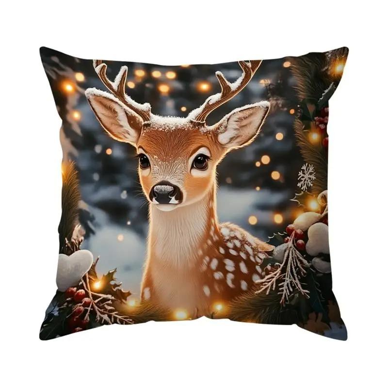 Home Decor Deer With Poinsettia And Holiday Lights Pattern Cushion Covers For Sofa Bedroom Car Pillow Covers
