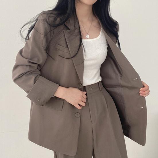 Women Spring Autumn Suit Coat Lapel Long Sleeve Flap Pockets Solid Color Loose Fit Casual Blazer Workwear