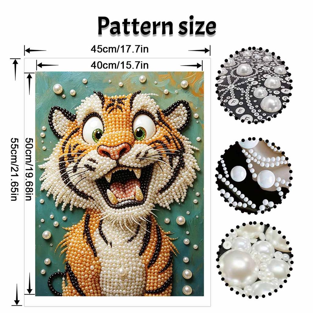 Sparkling Framed Pearl Painting Kit DIY with Cute Tiger Animal Design 3D Bead Art Canvas Ready To Display Home Wall Decor Gift Set for Crafts